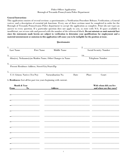 First page of the Police Officer Application