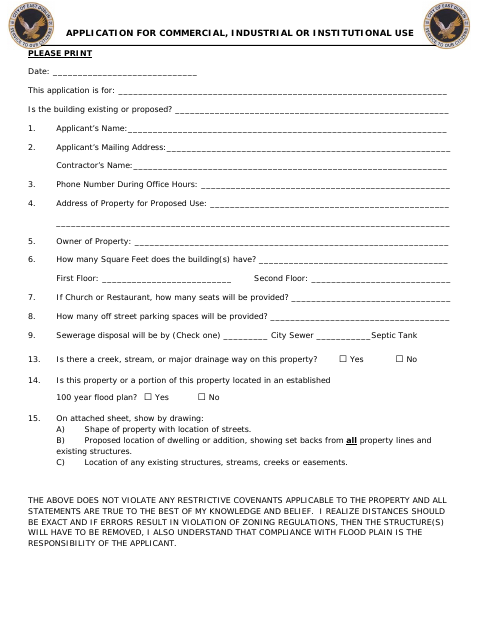 First page of the Application for Commercial, Industrial or Institutional Use