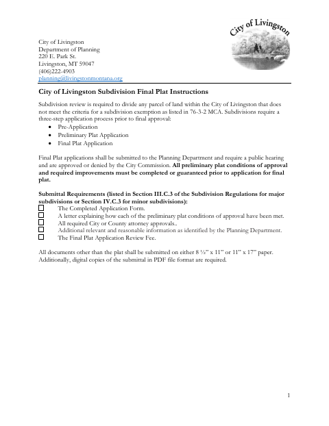 First page of the Subdivision Final Plat Application