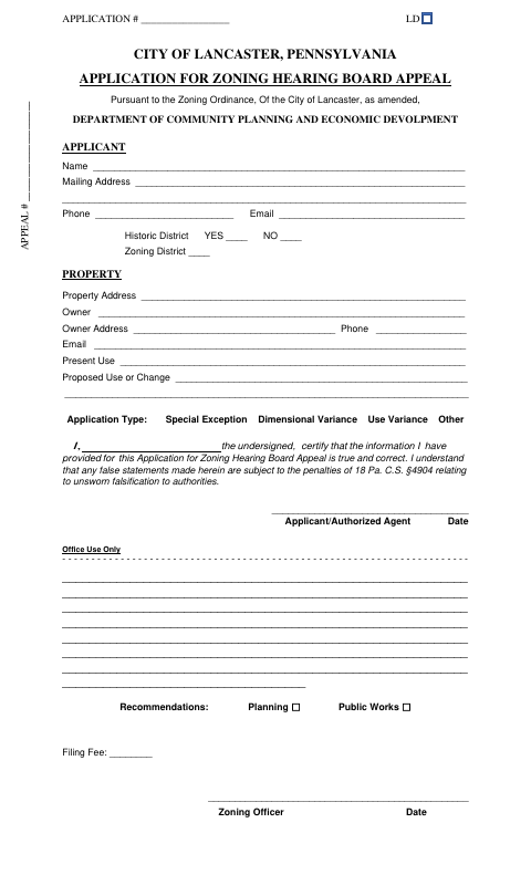 First page of the Application for Zoning Hearing Board Appeal