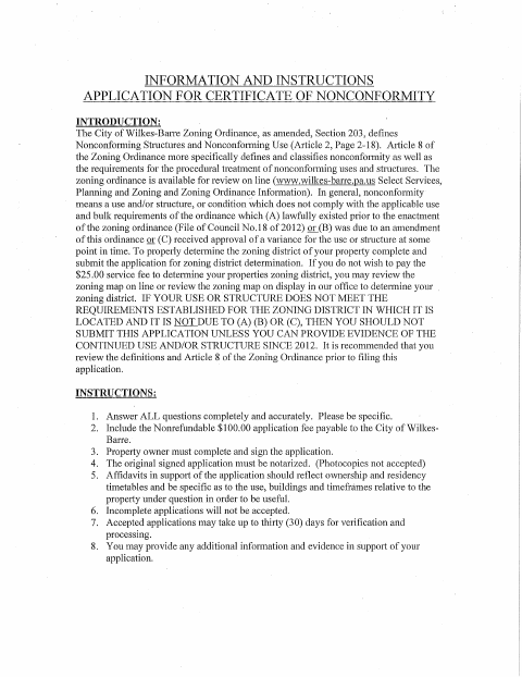 First page of the Application for Certificate of Nonconformity