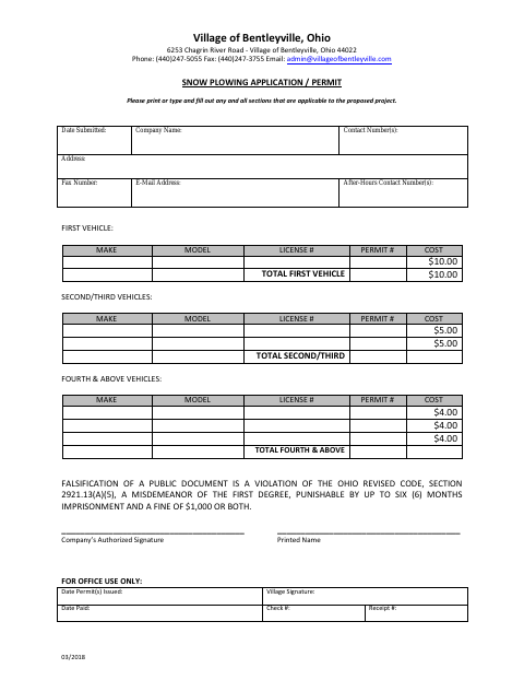 First page of the Snow Plowing Application Permit
