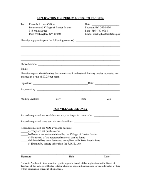 First page of the Application for Public Access to Records