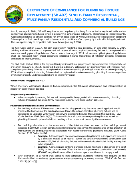 First page of the Plumbing Fixture Certification