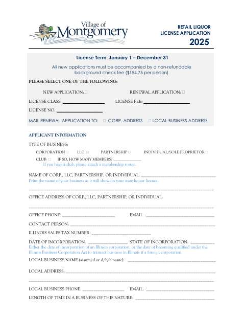 First page of the Retail Liquor License Application