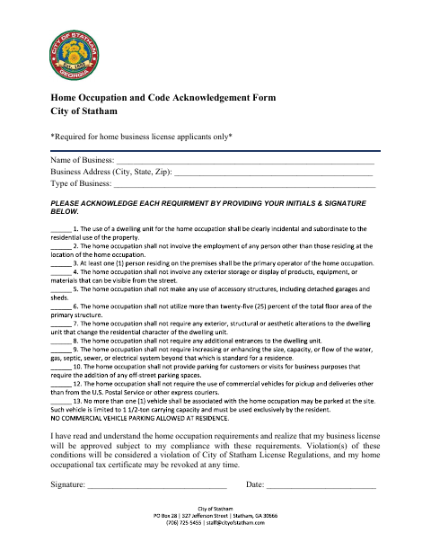 First page of the Home Occupation and Code Acknowledgement Form