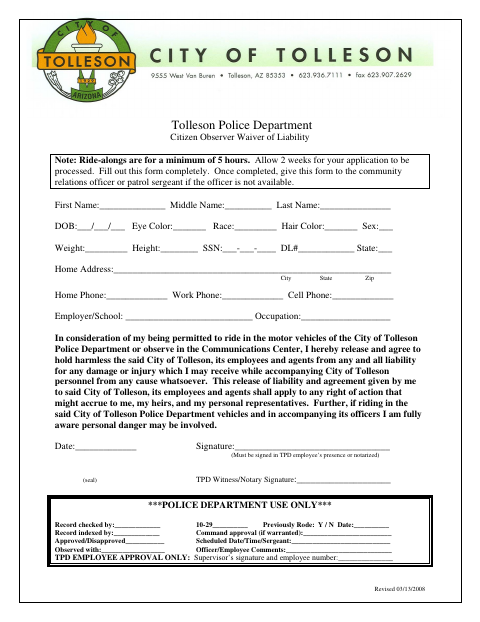 First page of the Citizen Observer Waiver of Liability