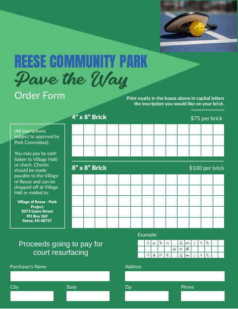 First page of the Community Park Pave the Way Order Form