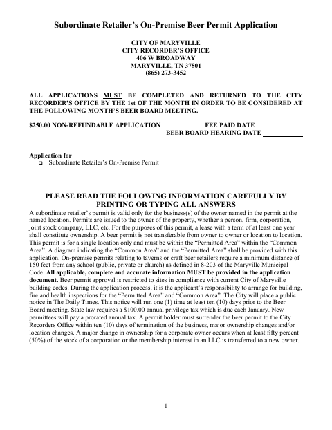 First page of the Subordinate Retailer’s On-Premise Beer Permit Application