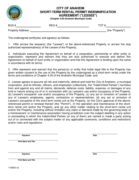 First page of the Short-Term Rental Permit Indemnification Agreement (Lessee)