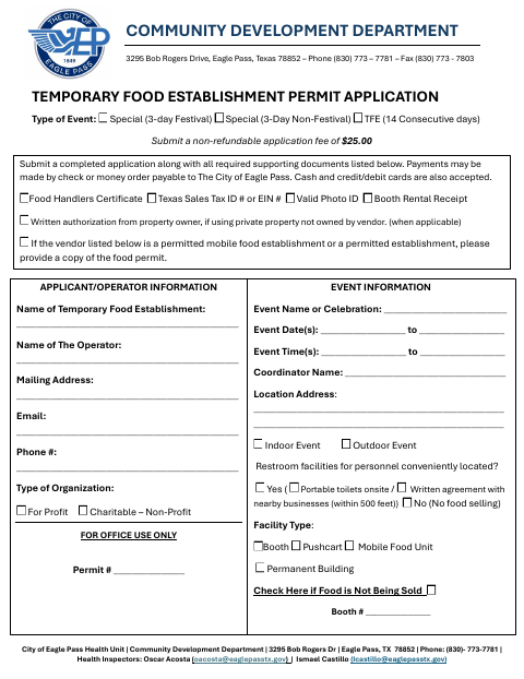 First page of the Temporary Food Establishment Permit Application
