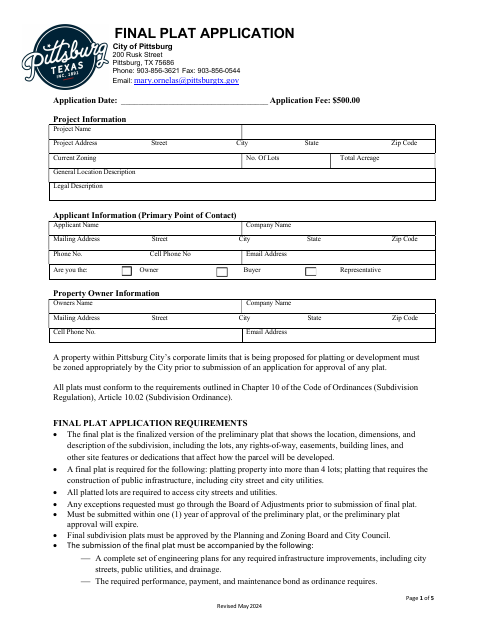 First page of the Final Plat Application