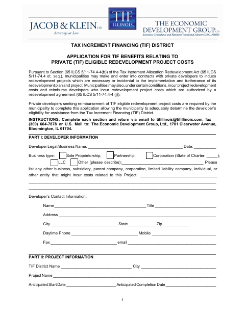 First page of the TIF Developer/Business Application