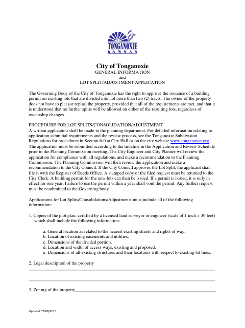 First page of the Lot Split and Line Adjustment Application