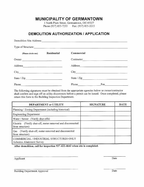 First page of the Demolition Permit