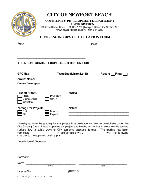 First page of the Civil Engineer's Certification Form