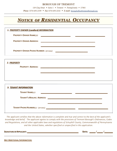 First page of the Notice of Residential Occupancy