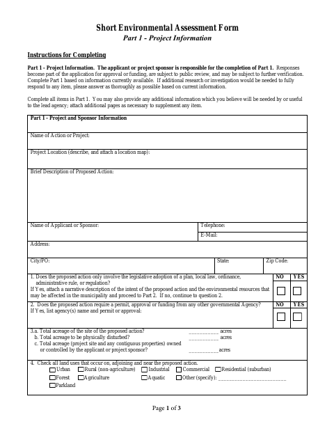 First page of the Short Environmental Assessment Form Part 1 - Project Information
