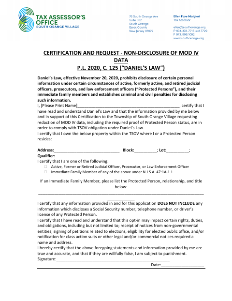 First page of the Certification and Request for Non-Disclosure of MOD IV Data