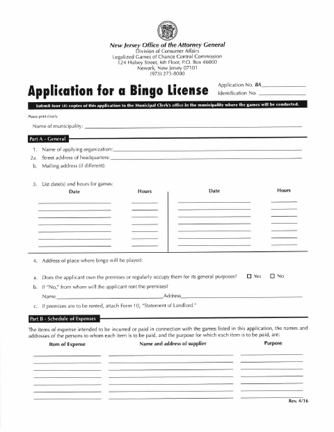 First page of the Application for a Bingo License