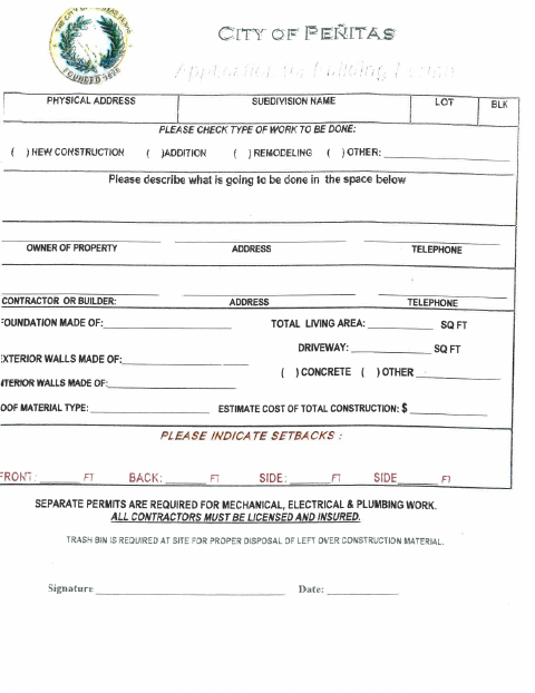 First page of the Construction Application