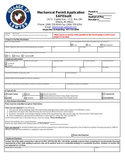 First page of the Mechanical Permit Application