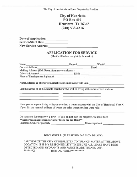 First page of the Water Service Application