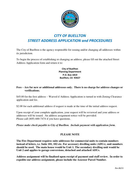 First page of the Street Address Application and Procedures