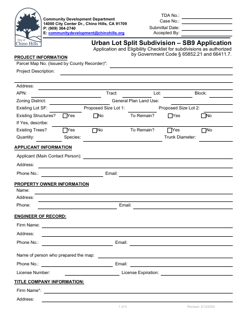 First page of the Urban Lot Split Subdivision – SB9 Application