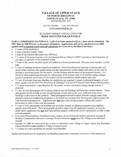 First page of the Building Permit Application for Roof Mounted Solar Panels