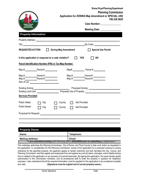 First page of the Planning Commission Application for Zoning Map Amendment or Special Use