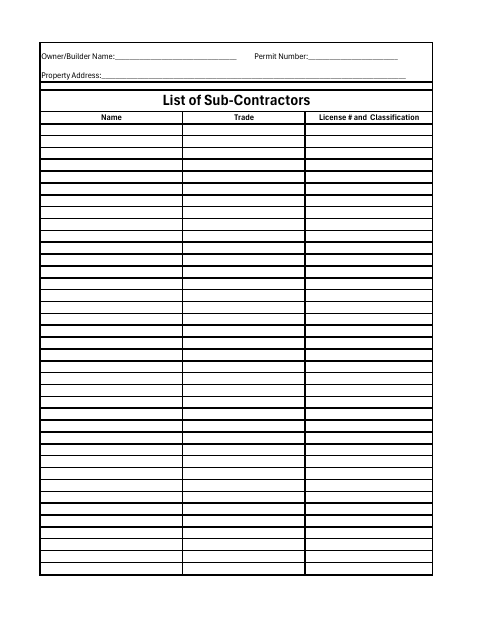 First page of the List of Sub-Contractors