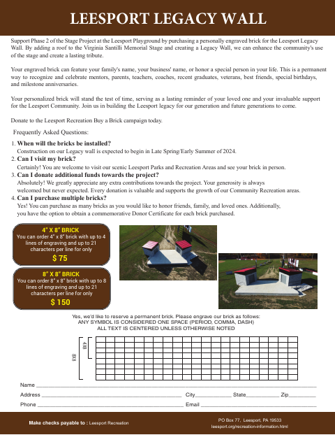 First page of the Legacy Wall Brick Order Form