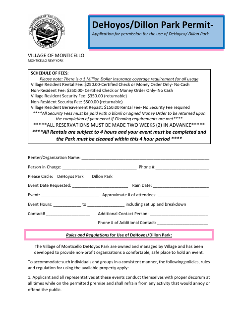 First page of the DeHoyos/Dillon Park Permit Application