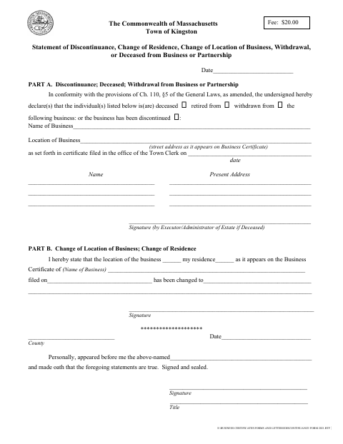 First page of the Business Certificate Discontinuance or Change Form