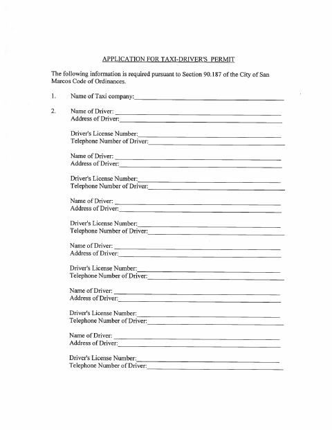 First page of the Taxi-Driver's Permit Application