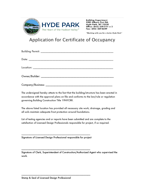 First page of the Certificate of Occupancy Application