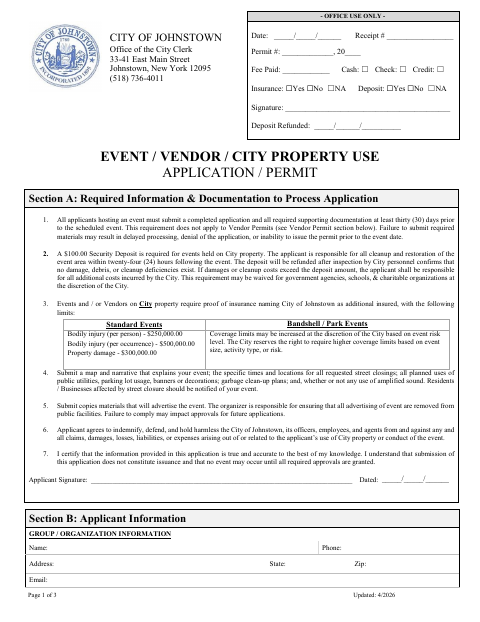 First page of the Event, Vendor, and City Property Use Application and Permit