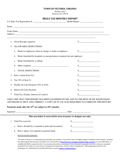 First page of the Meals Tax Monthly Report