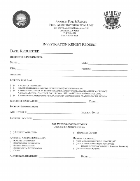 First page of the Investigation Report Request Form