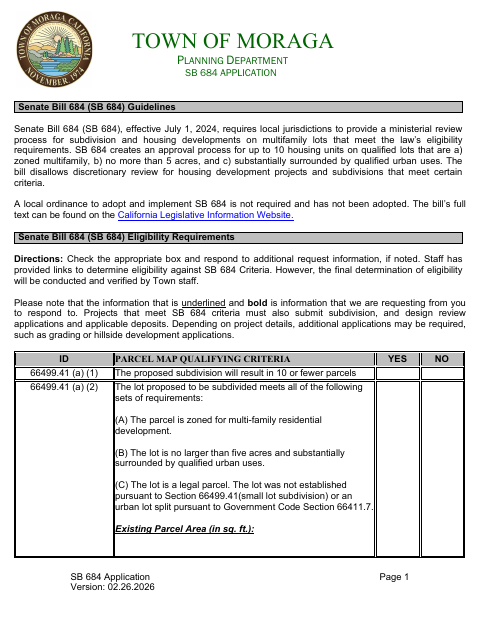 First page of the SB 684 Application
