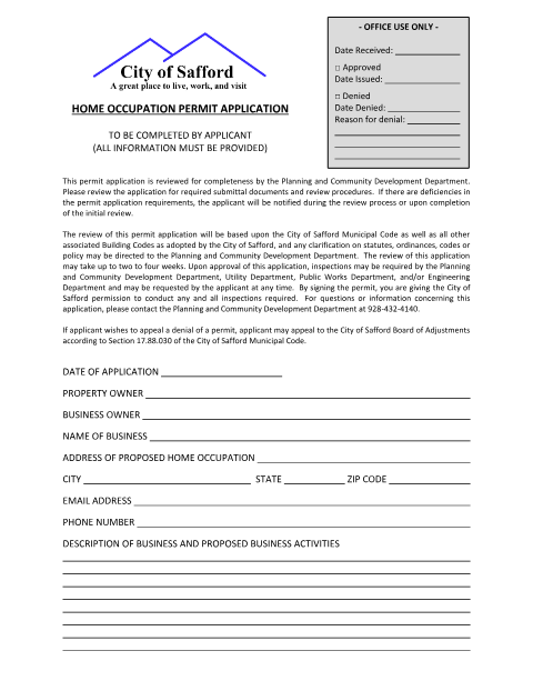 First page of the Home Occupation Use Permit