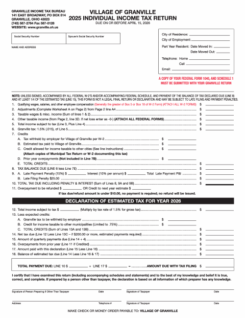 First page of the 2025 Individual Income Tax Return & Declaration