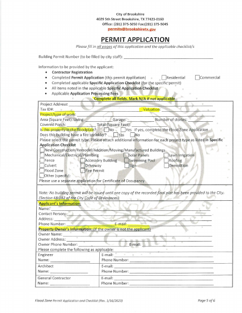 First page of the Flood Zone Permit Application