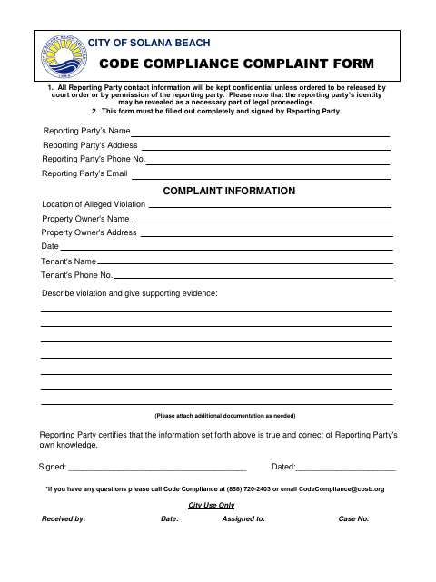 First page of the Code Compliance Complaint Form