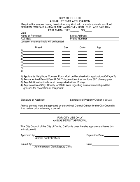 First page of the Animal Permit Application