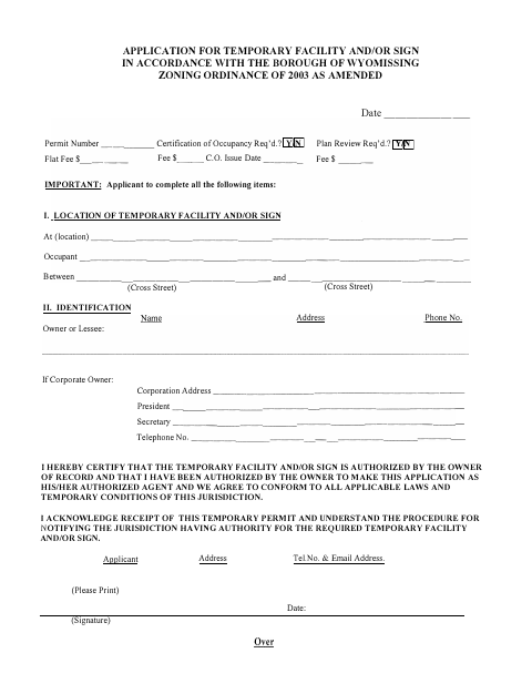 First page of the Temporary Facility and Sign Permit Application