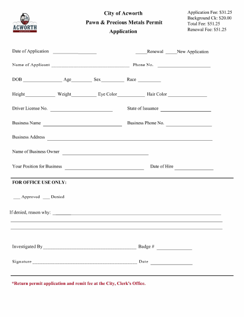 First page of the Pawn and Precious Metals Permit Application