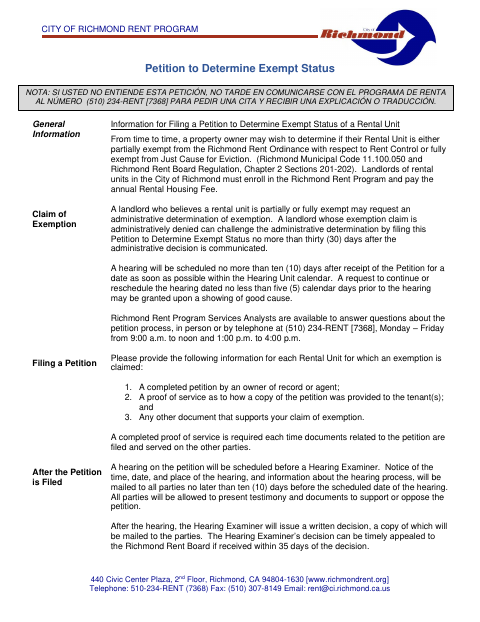 First page of the Petition to Determine Exempt Status