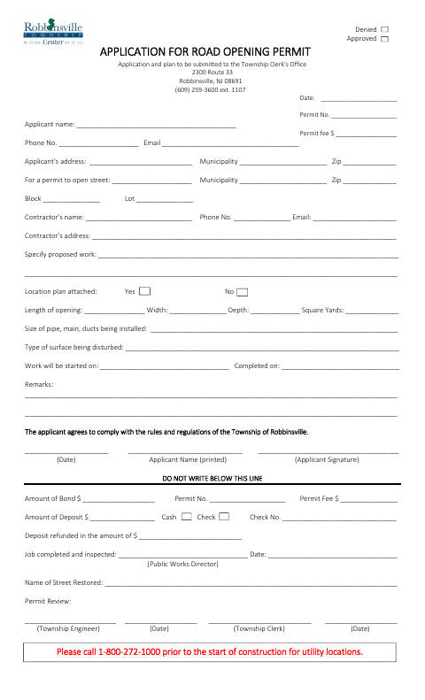 First page of the Application for Road Opening Permit